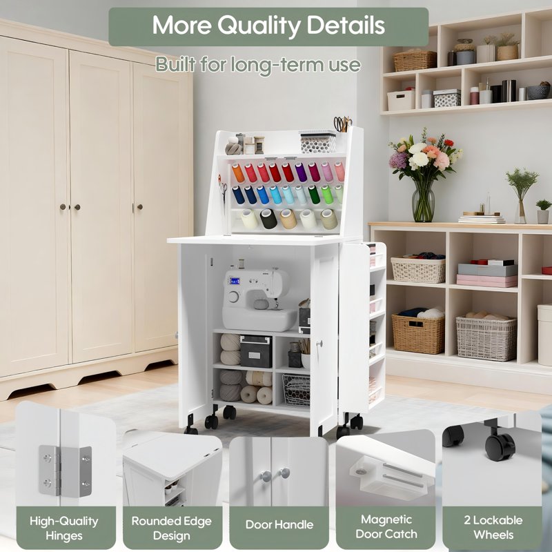 Sewing Table & Storage Cabinet with Power Outlets, Spool Racks, Lockable Wheels