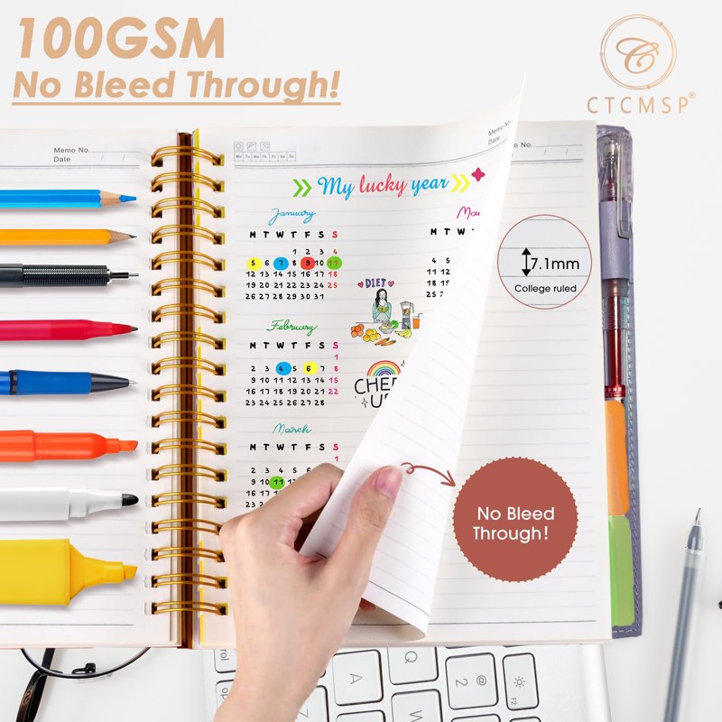 5 Subject Leather Hardcover Spiral Notebook with Removable Dividers - A5 College Ruled Organizer
