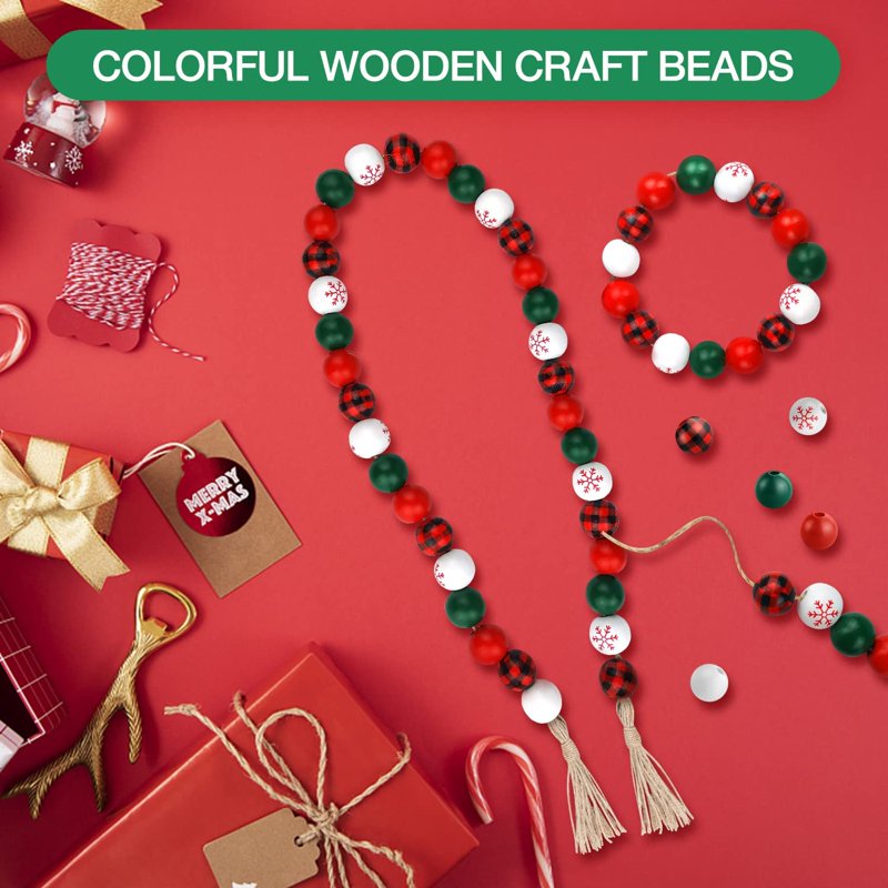Christmas Wooden Beads Set 210 Pcs with Hemp Rope for Holiday DIY Crafts and Jewelry