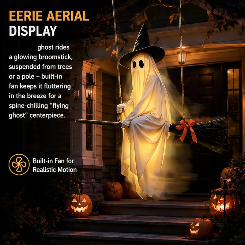 Halloween Light-Up Ghost Decorations Outdoor - 6 FT Spooky Hanging Ghost with Broomstick & Witch Hat