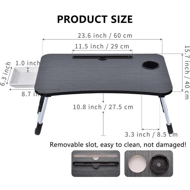 PHANCIR Foldable Laptop Bed Desk 23.6in with iPad Slots, Cup Holder & Drawer - Black, Variation 2