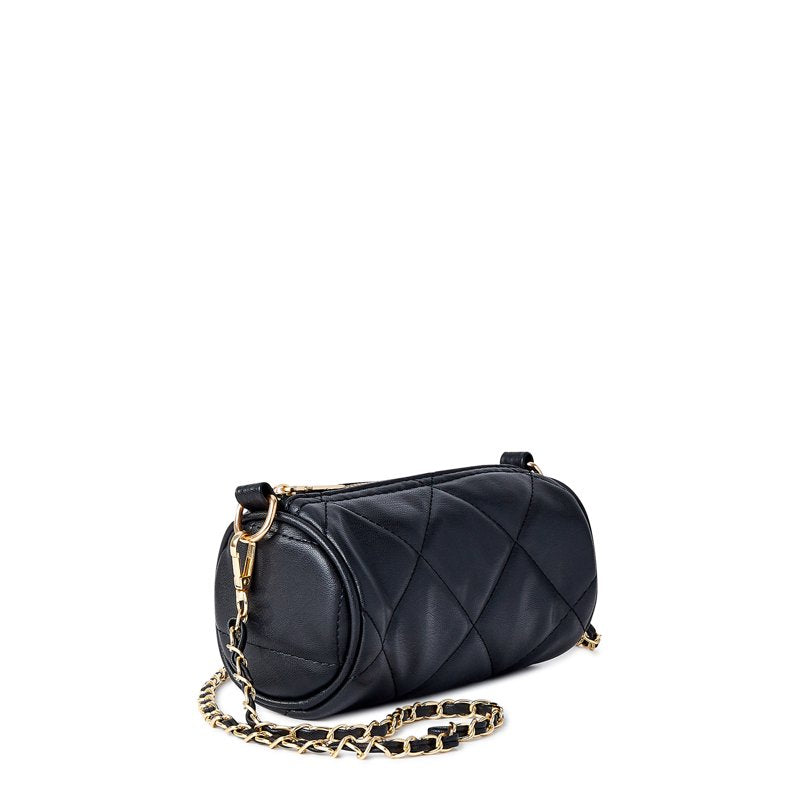 Small Quilted Faux Leather Barrel Bag with Gold Chain Strap - Black