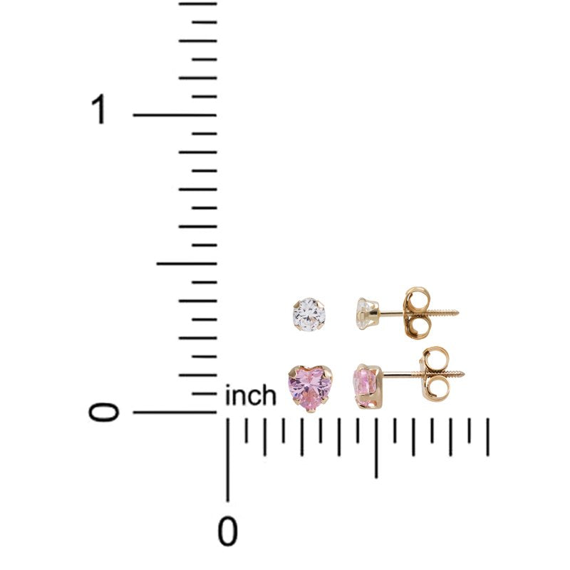 Girls and Tweens 14K Gold CZ Stud Earring Set - Heart & Round Design