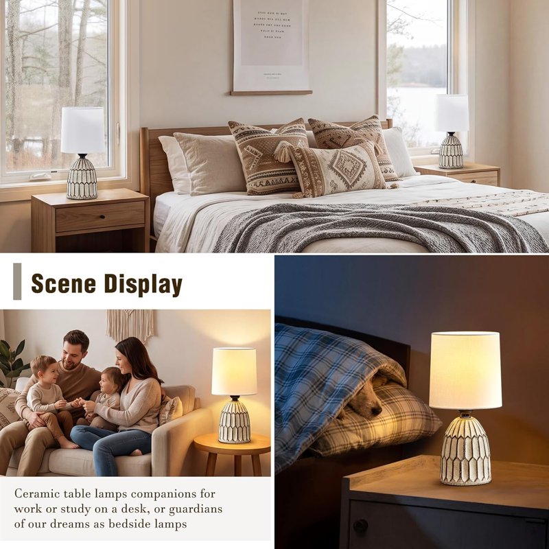 Small Ceramic Table Lamp Set - Rustic Farmhouse Boho Bedside & End Table Lamps