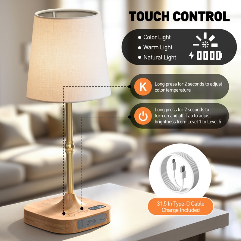 Cordless Dimmable Bedside Table Lamp with USB Port and Fabric Shade