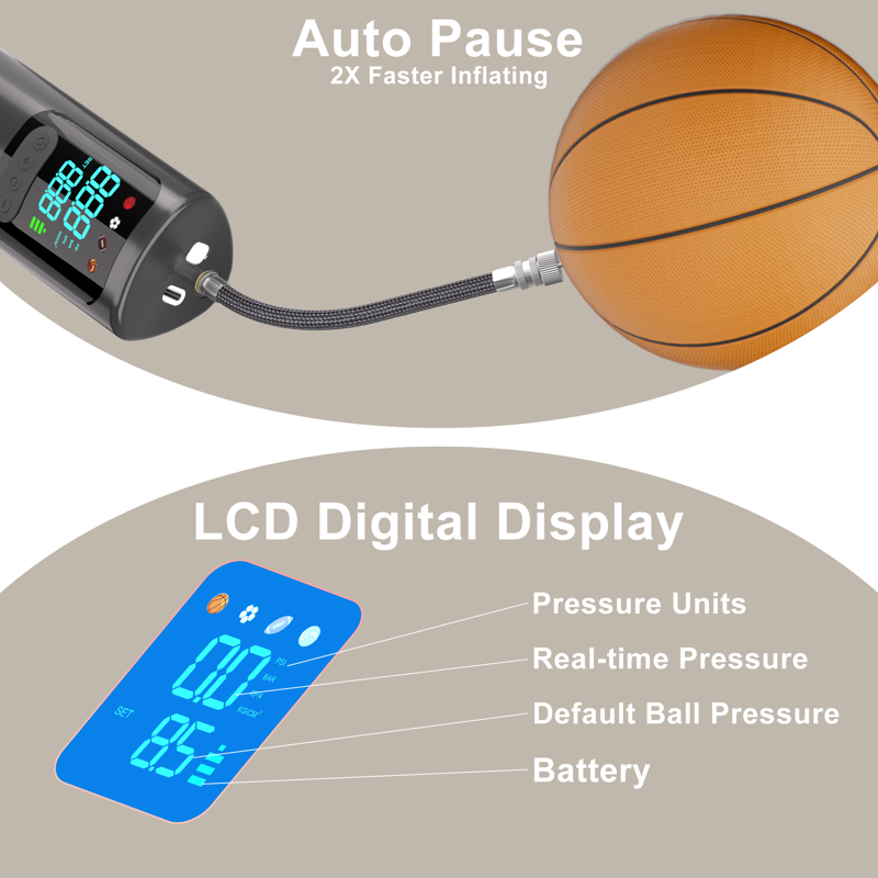 Electric Ball Pump with Digital Pressure Gauge, Fast Inflator for Sports Balls