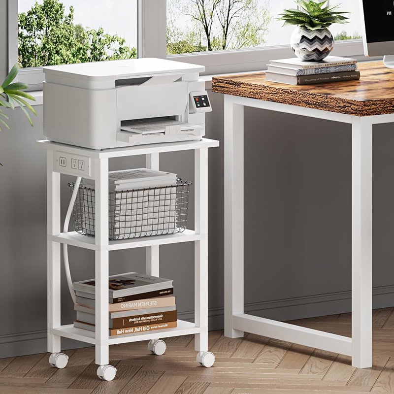 3 Tier Printer Stand with Wheels & Power Outlets - Mobile Office Storage