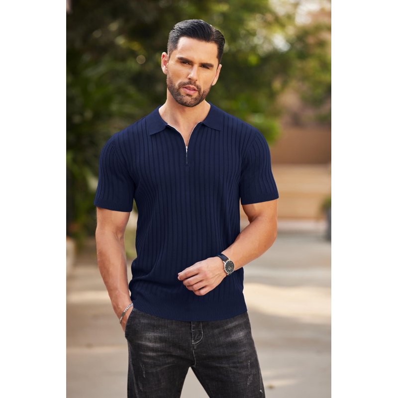 Men's Zipper Polo Shirt - Casual Ribbed Knit Golf T-Shirt for Men