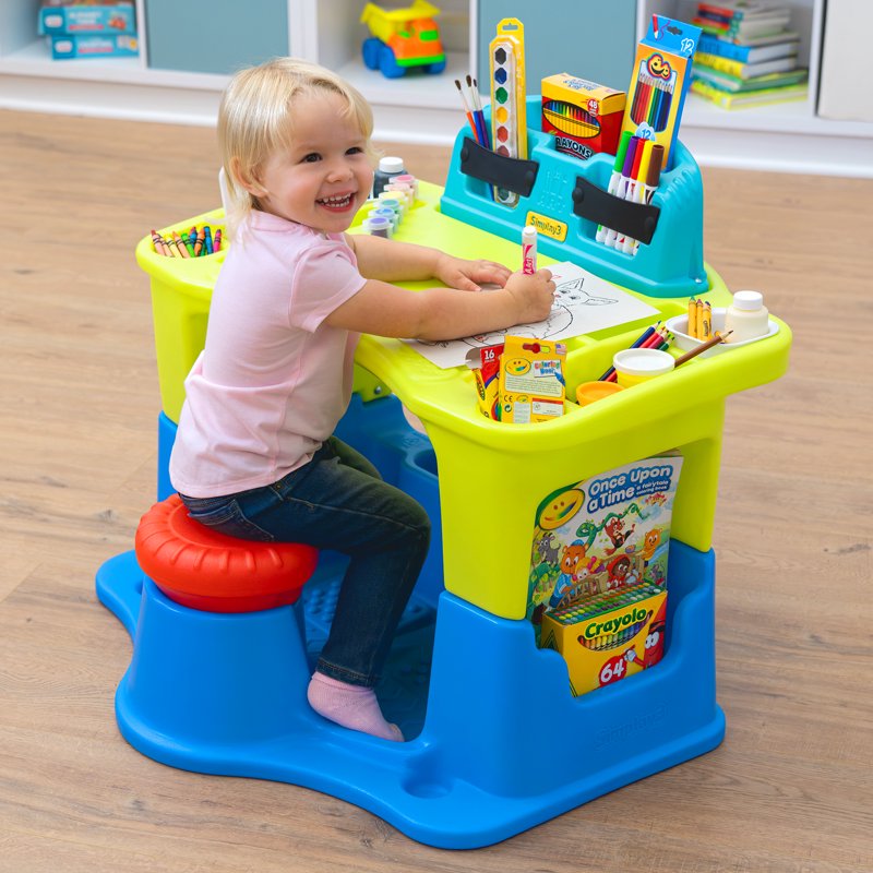 Kids Art & Craft Storage Table with Attached Stool & Multiple Compartments