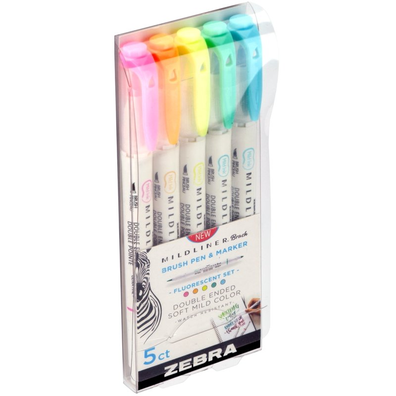 Mildliner Double-Ended Brush Pen Set, 5 Fluorescent Highlighters