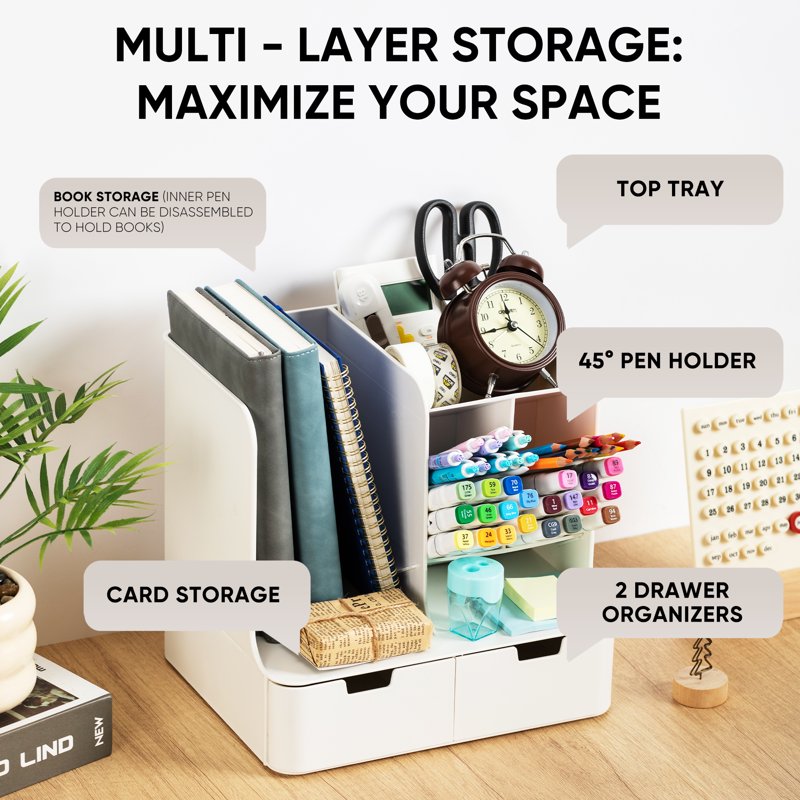 Tall Plastic Desk Organizer with Drawers & Compartments - Office & Home Storage