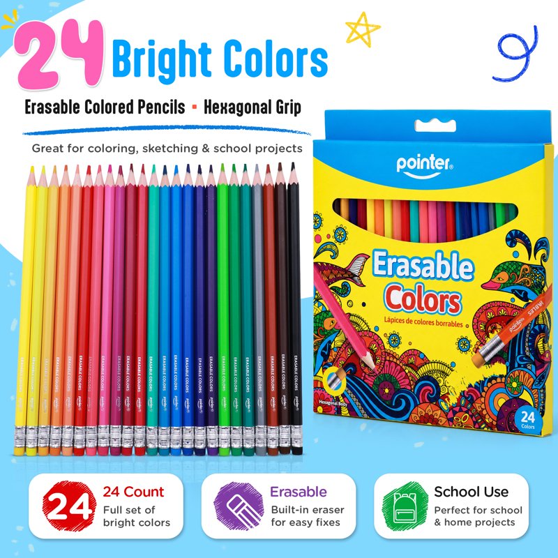 Erasable Colored Pencils Set - 24 Vibrant Art & School Drawing Supplies