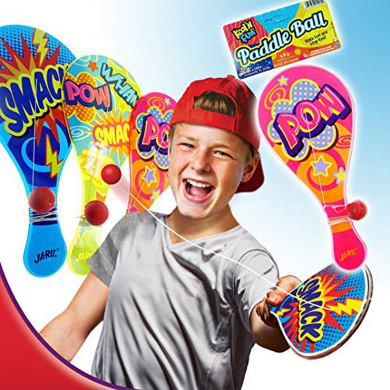 Ja-Ru Paddle Ball Set - 3 Multicolor Paddles with String, Neon Variation