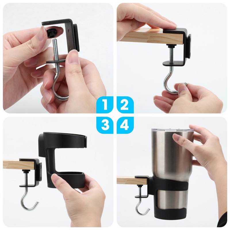 Adjustable Desk Cup Holder Clamp with Hook for Office & Gaming Desks