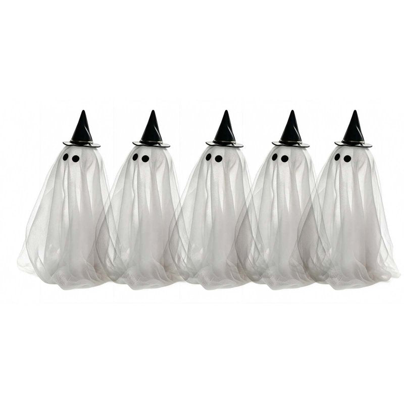 Lighted Ghost Halloween Decorations Set of 5 Gauze Figurines with Witch Hats
