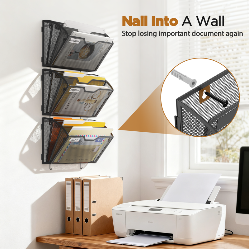 Wall File Organizer with Hooks - Large Capacity Mesh Paper Holder for Office and Home