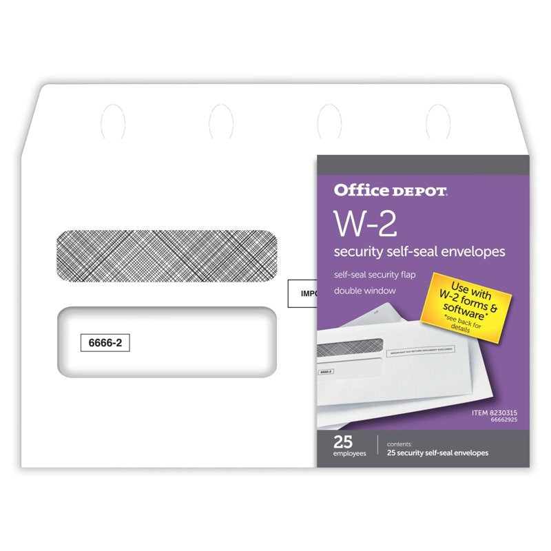 Self-Seal Double-Window Envelopes for W-2 Tax Forms, Pack of 25