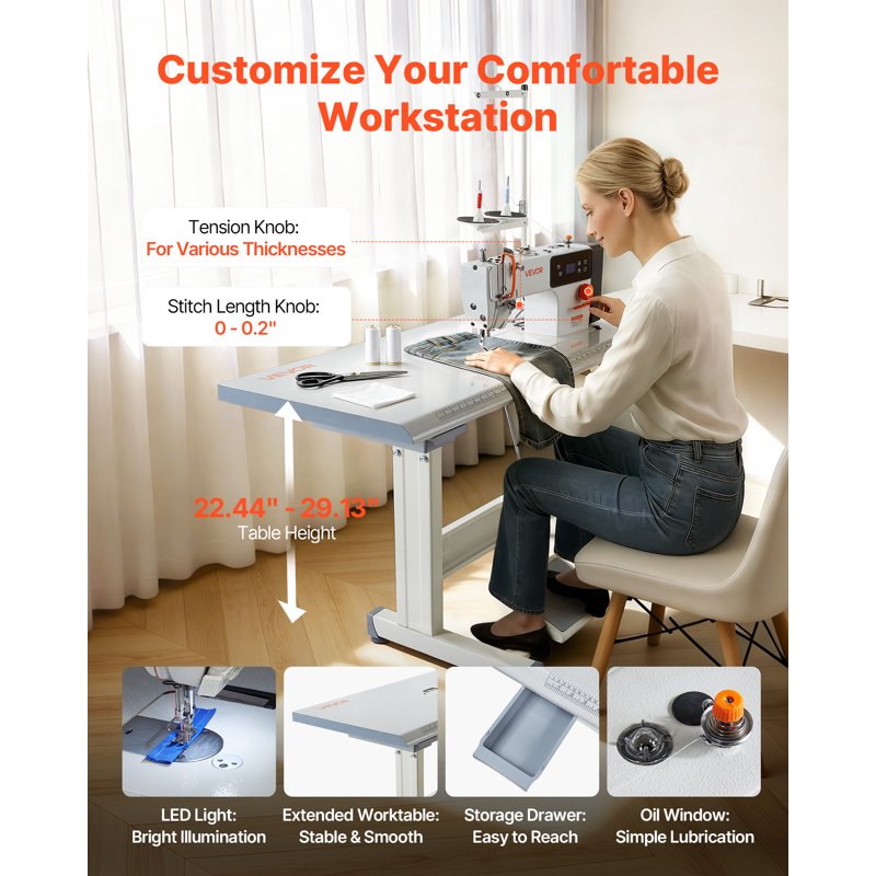 Industrial Sewing Machine 550W Lockstitch Set with LCD, Metal Frame, High Speed 5000 SPM