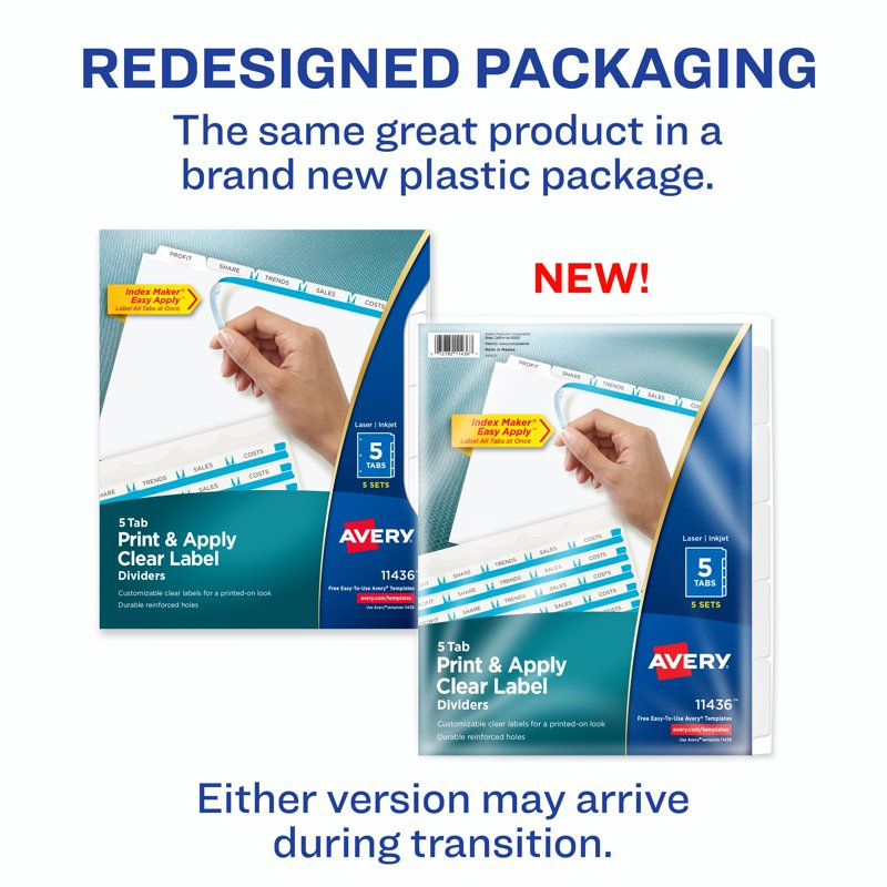 Print & Apply Binder Dividers with Customizable Tabs - 5 Sets of 5, Clear Labels