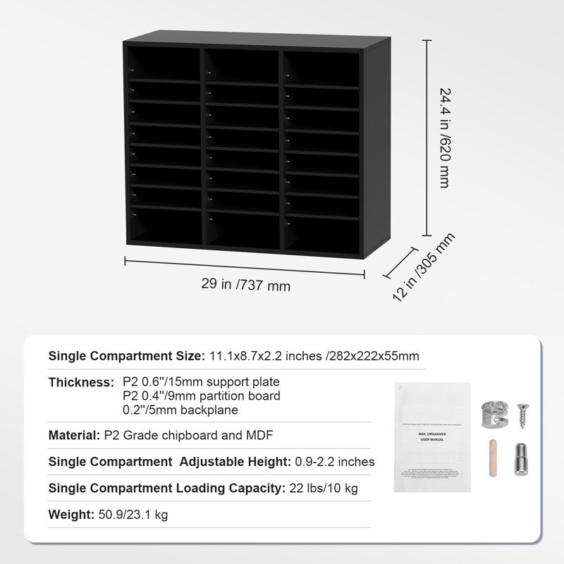Wooden Document Storage Box with 24 Adjustable Compartments - Black