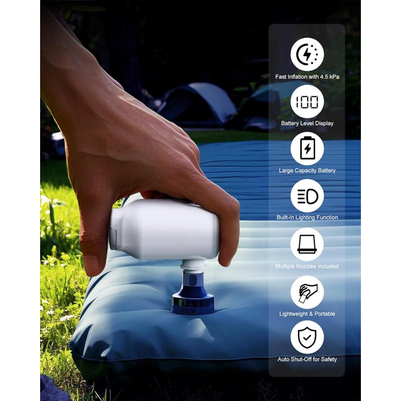 Mini Portable Air Pump for Inflatables with 5 Nozzles & Camping LED Light