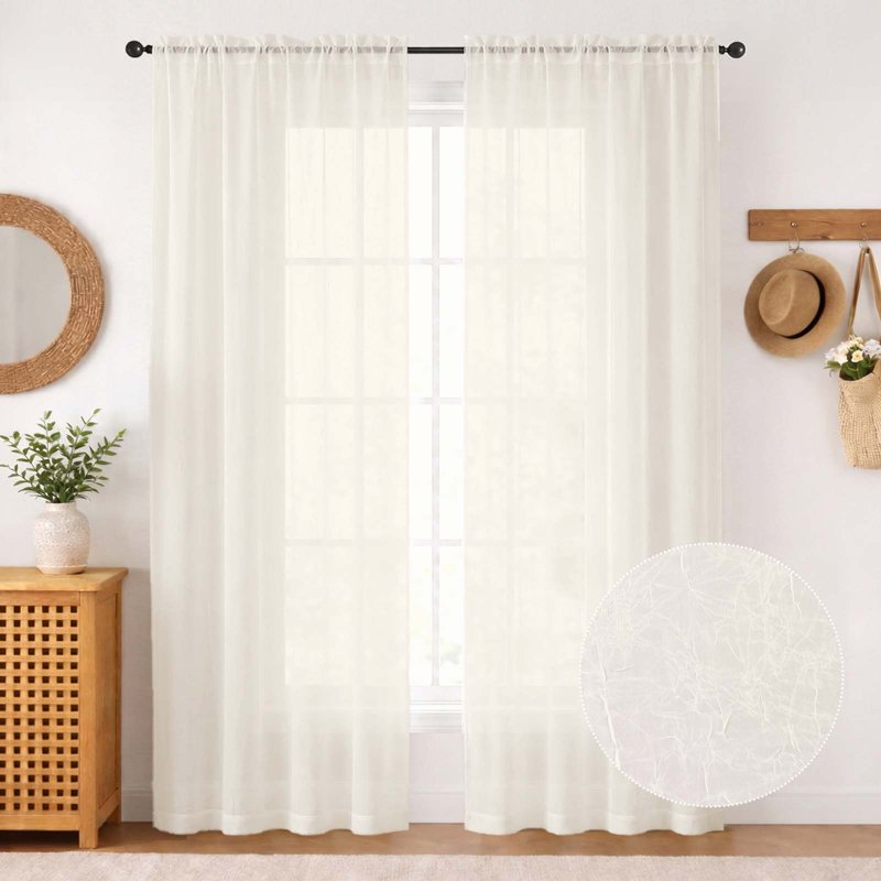 Ivory Crushed Sheer Curtains Set - Light Filtering Voile Drapes for Living Room and Bedroom