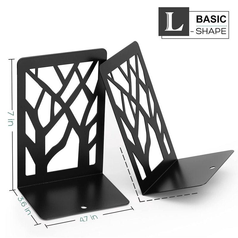 Heavy Duty Metal Book Ends Tree Design Set - Black, Modern Shelf Organizer