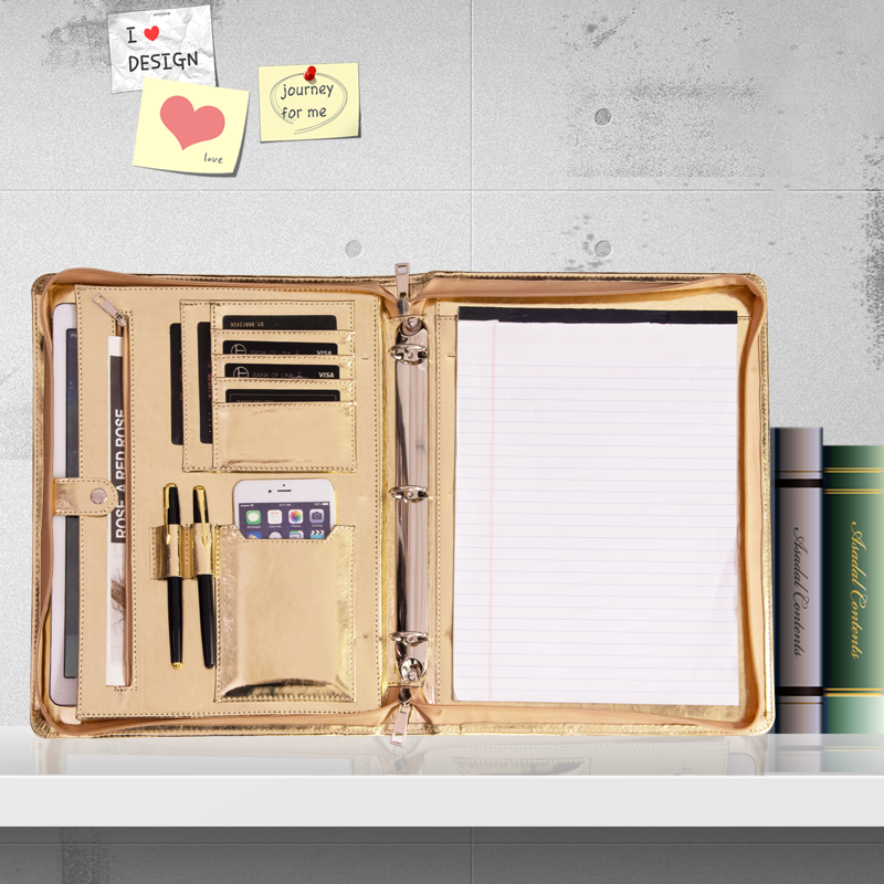 Vegan Leather Portfolio Binder with Zipper & Tablet Sleeve - Gold