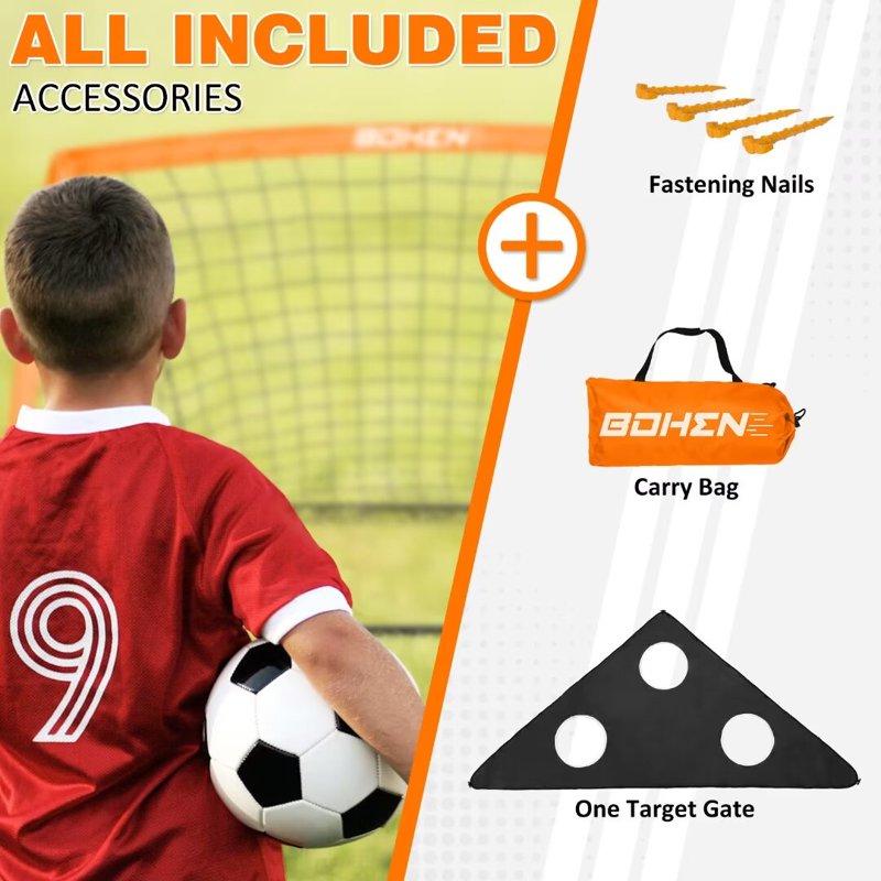 BOHEN 6x4FT Portable Soccer Goal with Net, Ground Stakes & Carry Bag - Orange, 1 Pack