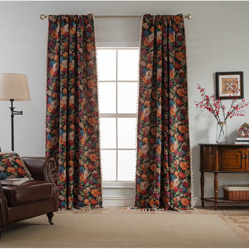 Red Floral Curtain Panel 79 Inch Long Boho Jacquard Semi-Blackout Window Drape