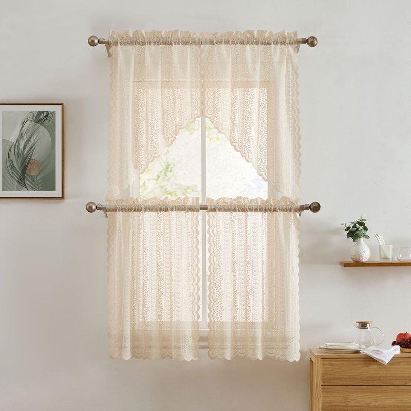 Semi Sheer Lace Window Curtain Tiers for Small Windows - Set of 2
