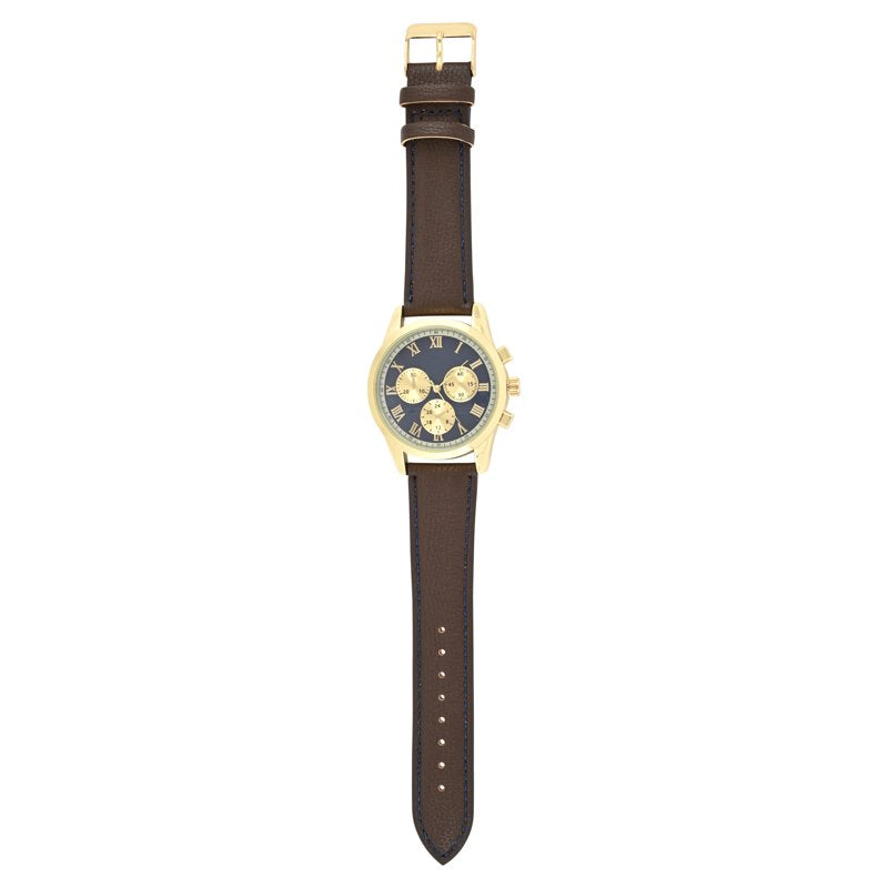 Men's Gold Round Case Watch with Brown Strap - Analog Faux Eye Dial