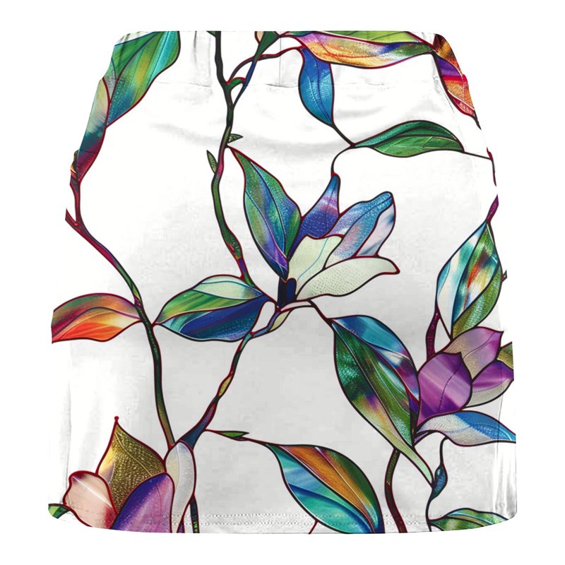 Women's Summer Golf Skort with Shorts Pockets High Waist Floral Pleated A-Line White