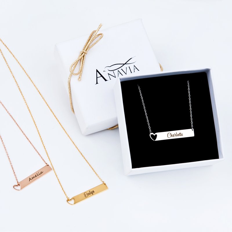 Personalized Heart Name Necklace Gift for Mom Women Engravable Bar Silver Gold Rose Gold