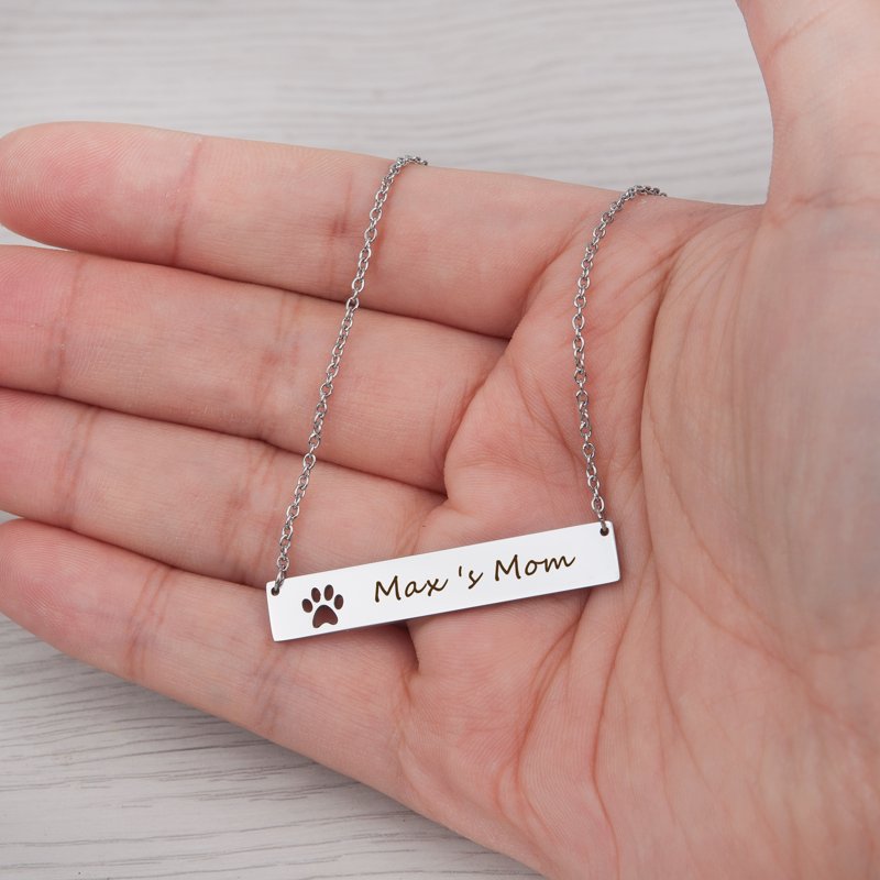 Personalized Name Necklace with Paw Print Cut-Out - Custom Engraved Bar Jewelry in Silver, Gold, Rose Gold