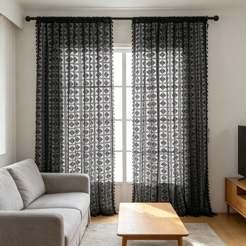 Black Sheer Embroidered Curtains 55x79 Inches Openwork Semi Shade Drapes