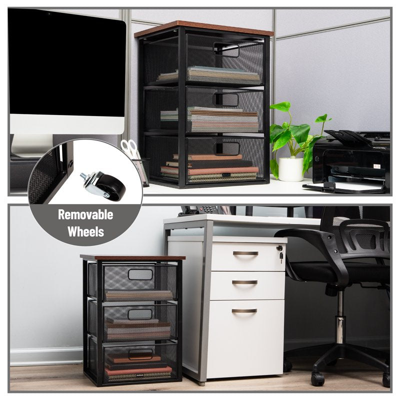 3-Drawer Metal Rolling Storage Cart with Wood Top - Office Organizer, Mobile Cabinet