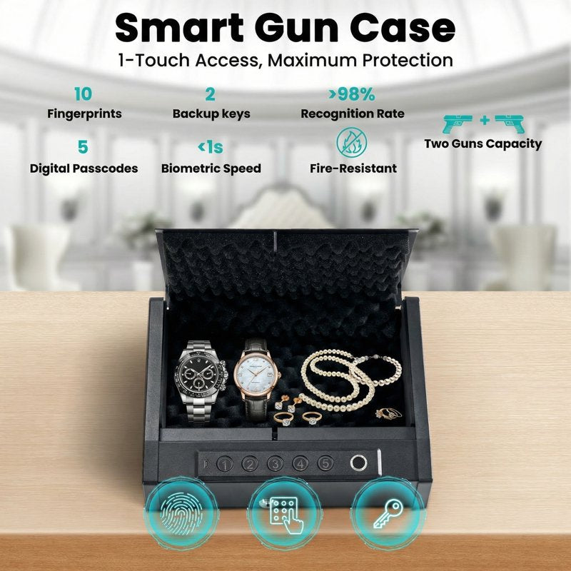 Portable Gun Safe with Biometric Lock for Handguns, Password & Key Entry