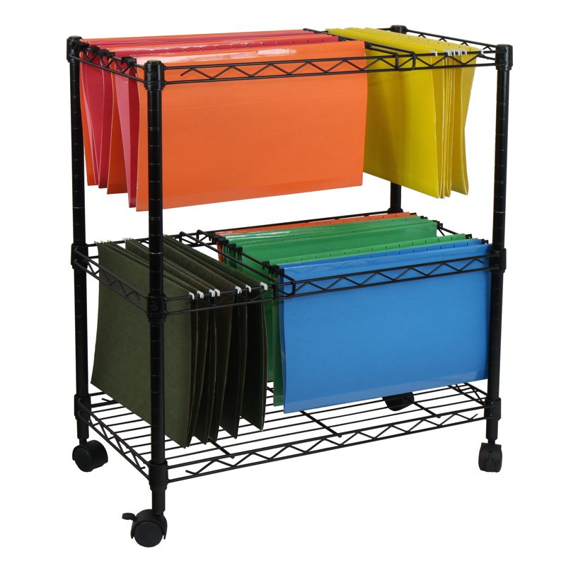 Portable 2-Tier Metal Rolling File Cart - Black Office Storage Organizer