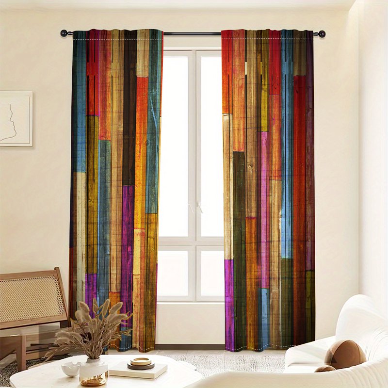 Colorful Wooden Pattern Polyester Curtain Set for Bedroom & Living Room