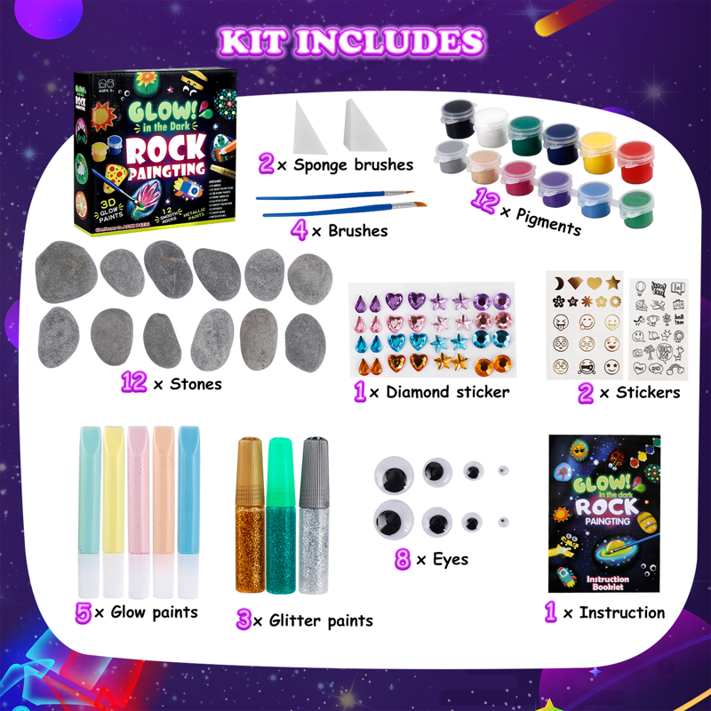 Glow in the Dark Rock Painting Kit for Kids - Arts & Crafts Supplies Gift Set