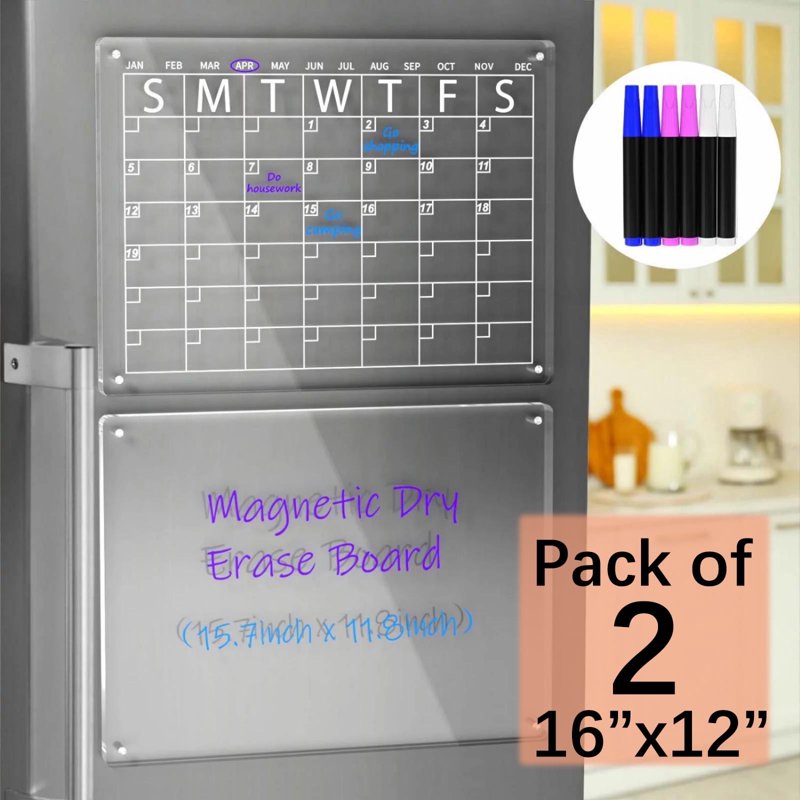 Magnetic Acrylic Dry Erase Calendar for Refrigerator - 16x12, Includes Markers