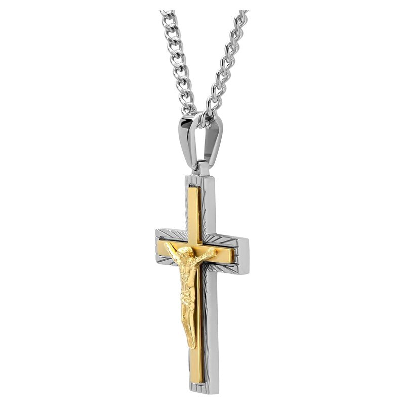 Men’s Two-Tone Stainless Steel Crucifix Pendant with 24-Inch Chain