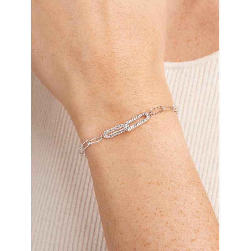 Sterling Silver CZ Oval Link Paperclip Bracelet Set - 6.75" + 1.25" Extender