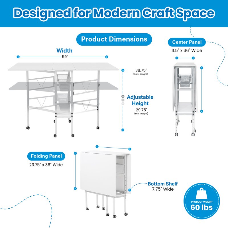 Folding Sewing Craft Table with Storage Drawers & Wheels, White