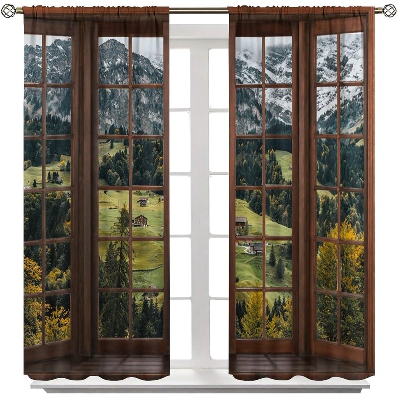 Waterproof Mountain Forest Nature Scene Window Curtains - 2 Panel Options