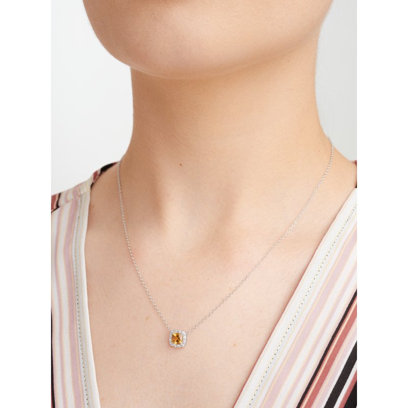 Sterling Silver Citrine Necklace with Cubic Zirconia Halo for Women