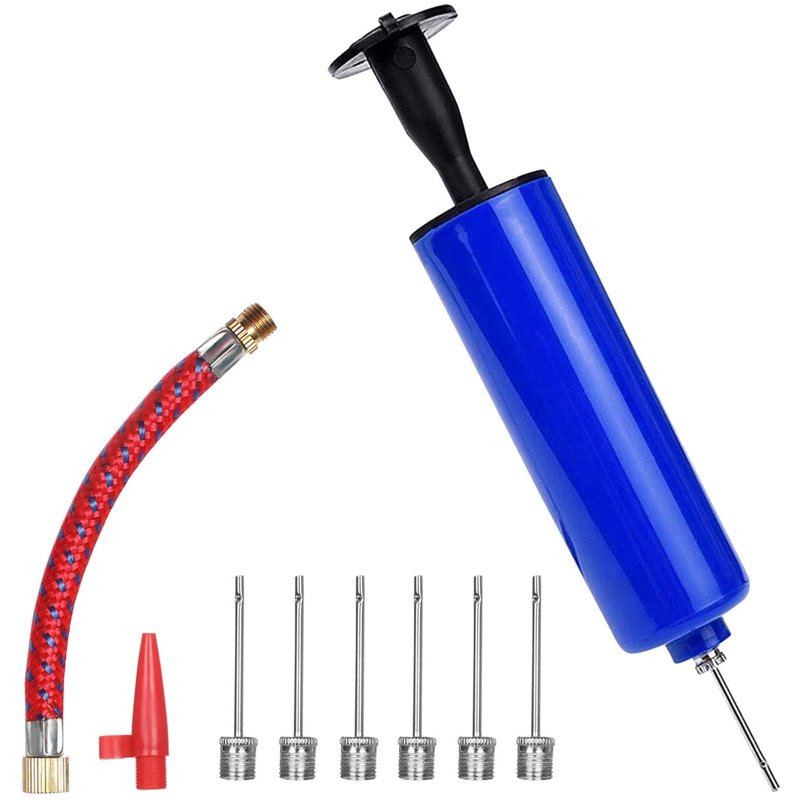 Portable Ball Pump Set with 7 Needles, Air Tube & Nozzle - 8 Inch Blue
