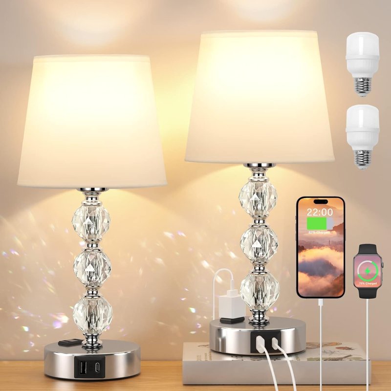 Set of 2 Touch Control Bedside Lamps with USB Charging Ports - Modern Crystal Design
