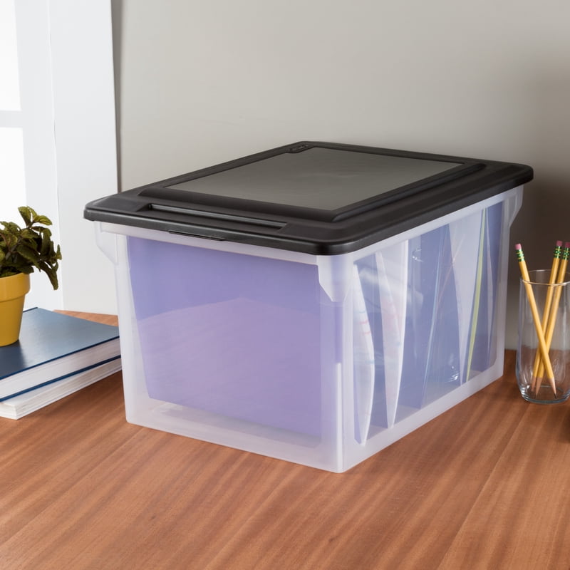 Sterilite Clear Plastic File Box with Black Lid for Letter and Legal Files